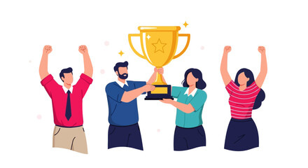 Illustration of a group of diverse people celebrating a victory holding up a gold trophy together