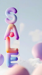 Whimsical arrangement of gradient balloon letters forms word 'SALE' against pale blue sky. Pastel tones evoke fantasy, celebration, lighthearted marketing vibes, for creative advertising, festive camp