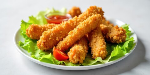 Crispy Breaded Chicken Fingers Served on Fresh Green Lettuce with a Side of Zesty Sauce