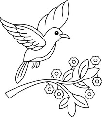 Flying Bird and Floral Branch Line Art Illustration