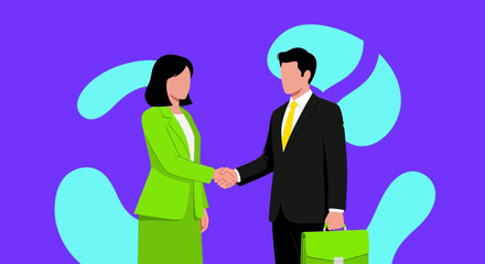 Modern flat vector illustration of a businessman and businesswoman shaking hands. Concept of a successful business deal, partnership, and corporate agreement