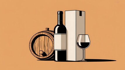 Mockup Blank white label wine bottle and box, wine glasses placed on table, beside oak barrel.