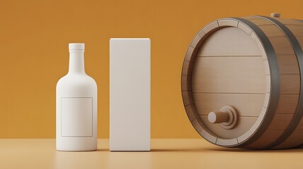 Mockup of a white bottle and box placed on a table next to an oak barrel.