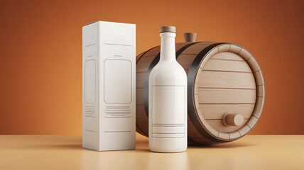 Mockup of a white bottle and box next to an oak barrel.