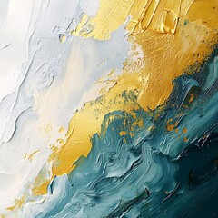 Obraz premium An abstract canvas in rich turquoise, white, and golden tones. The impasto technique creates a wave-like relief texture, while shimmering gold strokes add elegance. Generative AI