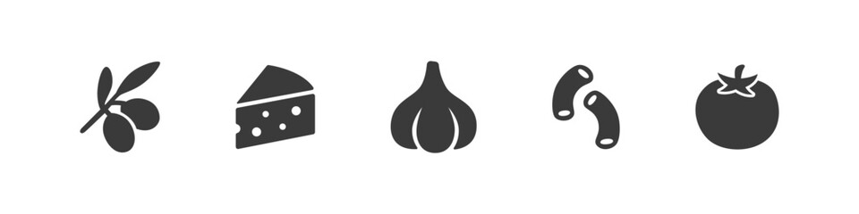 Italian food elements with pasta, cheese, and olives in filled style. Tasty cuisine vector graphics