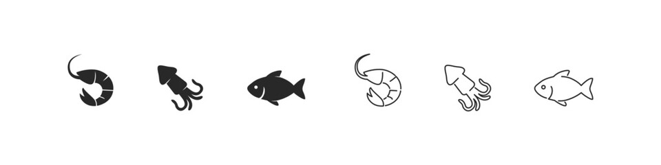 Sea creatures in simple outline and filled style. Marine life vector collection