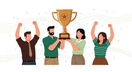 Successful team celebrates victory holding a championship trophy, achieving goals and celebrating success