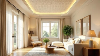 Fototapeta premium Sunlit Living Room with Elegant Decor and Recessed Lighting, Featuring Neutral Tones and a Cozy Atmosphere
