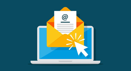 Digital communication concept receiving an email on a laptop, an orange envelope with a letter and cursor pointing to it, representing online messaging and digital interaction