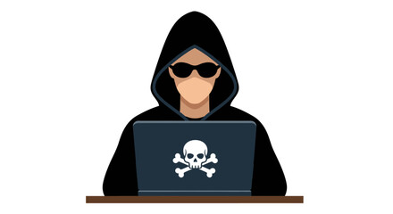 Hacker anonymously using a laptop with a skull and crossbones icon, representing cybercrime and digital security threats