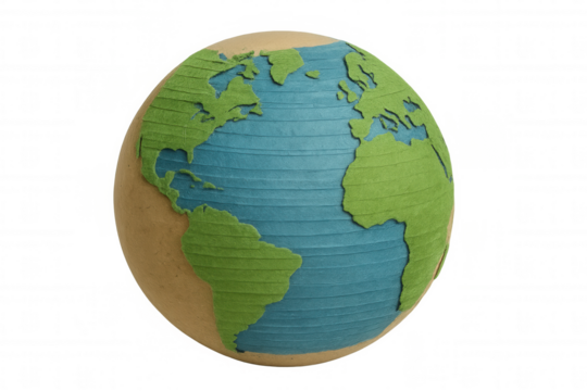 Paper craft earth globe showing green continents and blue oceans, eco-friendly environment concept on transparent background