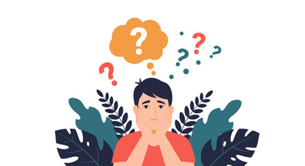 Man with question marks above his head symbolizing confusion, doubt, or seeking answers