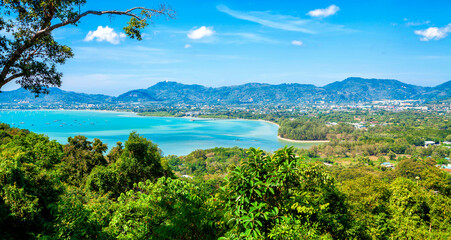 Scenic view of Khao Khad Bay, Panwa Cape from the vewpoint in Phuket Thailand. Beautiful view from the mountain to the beaches of Phuket in Thailand. Scenic tourist spots in Phuket.