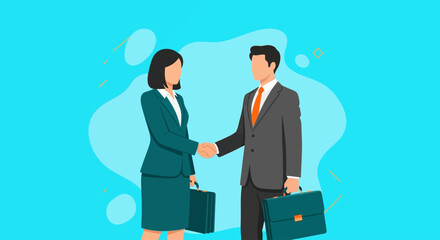 Business people shaking hands with briefcases and a bright background representing agreement and partnership
