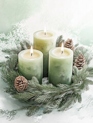 Green candles with pine wreath and cones in winter watercolor style
