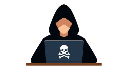Hacker working on a laptop with a skull and crossbones symbol on the screen