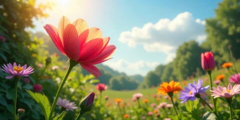 A Vibrant Meadow of Blossoming Flowers Bathed in Golden Sunlight, a Serene Pastoral Scene with a Focus on a Single Delicate Pink Bloom