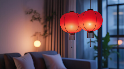 Red Chinese lanterns glowing in modern living room at night