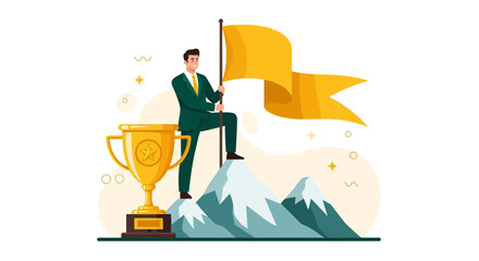 Successful Businessman Standing on Mountain Peak Holding Flag and Trophy, Symbolizing Achievement and Victory