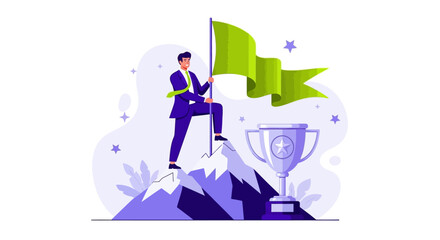 Successful businessman plants flag atop mountain summit, celebrating victory with a large trophy beside him