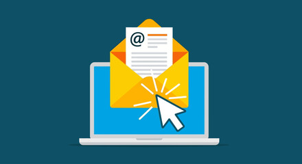 Email marketing concept with laptop, cursor, and open envelope with document and email symbol