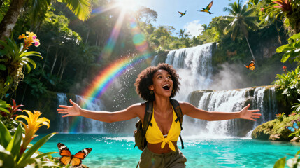 Woman celebrates with joy at tropical waterfall paradise with rainbow, butterflies, parrots, and turquoise lagoon. Lush jungle adventure with vibrant wildlife, cascading water, palm trees. Ecotourism