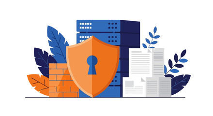 Digital security and data protection concept illustration with firewall, shield, server racks, and documents