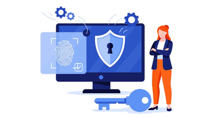 Cybersecurity Concept with Biometric Scan, Shield, and Key for Digital Protection