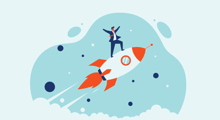 Illustration of a businessman riding a rocket ship into the clouds, symbolizing success and ambition