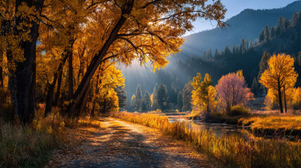 Fototapeta premium Sunlit forest path covered with golden autumn leaves and light beams