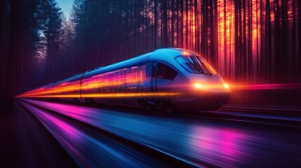Fototapeta premium Futuristic train speeds through vibrant forest