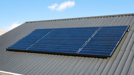 Fototapeta premium Solar panel system on rooftop under clear blue sky energy efficiency