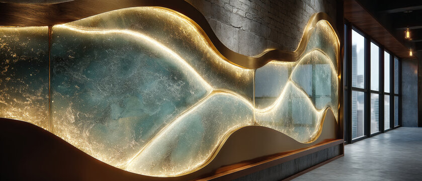 Abstract layered glass panels with glowing edges in modern architecture design