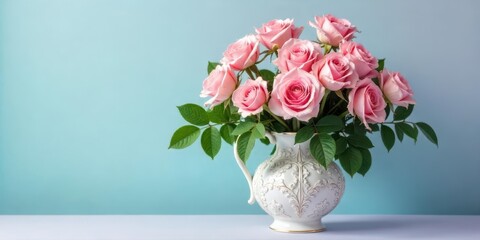 Fototapeta premium A delicate bouquet of light pink roses arranged in an ornate, vintage-style porcelain vase, displayed against a tranquil pastel background