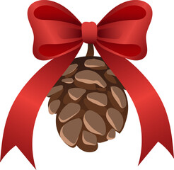 Close-up of a pine cone decorated with a bright red ribbon bow, symbolizing Christmas, winter holidays