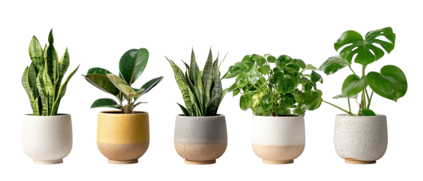 PNG of A collection of vibrant indoor plants in decorative ceramic pots, showcasing a variety of textures and shades.