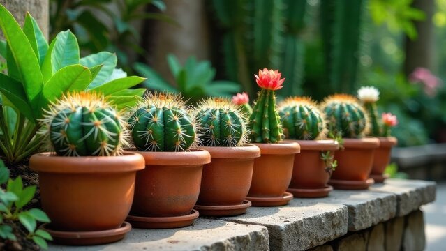 A vibrant collection of potted cacti and succulents basking in the warm sunlight, showcasing their unique textures and colors in a serene outdoor garden setting.