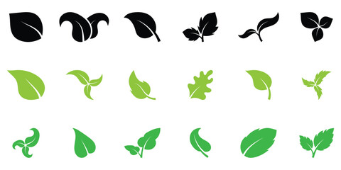 Leaf vector icons. Eco leaf icon set. Simple flat style leaves of trees and plants. Elements for eco friendly and bio, vegan. Black and green leaves collection. Ecology leaf element.