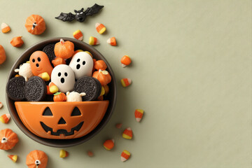 Halloween candy bowl on pastel background with empty space for text