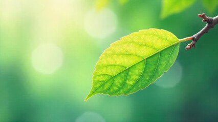 A single vibrant green leaf basking in the sunlight, delicately attached to a slender twig against a soft-focus backdrop of nature's greenery