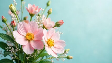 Fototapeta premium Delicate Pink Cosmos Blossom Bouquet Against a Soft Blue Background, a Serene Floral Image Perfect for Various Design Applications