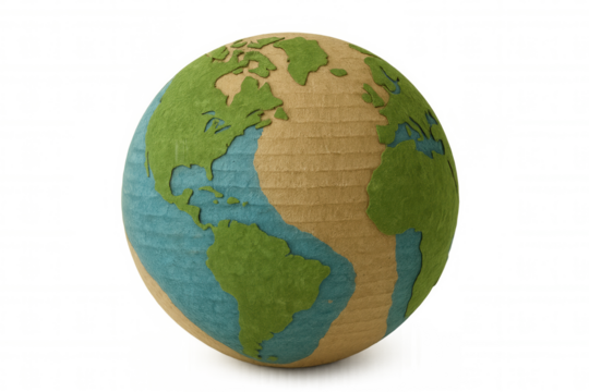 Cardboard earth globe representing global ecology, sustainability, recycling, and environmental protection concepts on transparent background - Powered by Adobe
