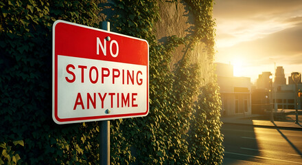 No Stopping Sign Against A Wall With Vegetation And A Cityscape In The Sunrise