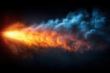 Wide horizontal light beam scattering through smoky particles on black background