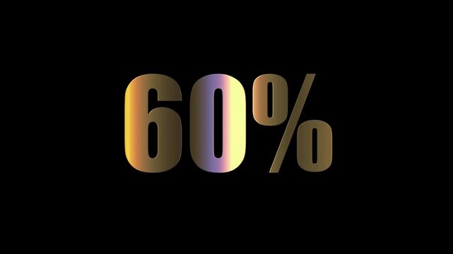 60 Percent Shiny Golden Text Animation on Black Background with Luxury Metallic Reflection and Elegant Typography Motion for Promo Video or Intro