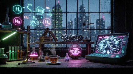Futuristic laboratory with glowing molecular structures and cityscape view at night - Powered by Adobe