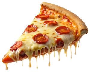 Delicious pizza slice with dripping melted cheese isolated on white background