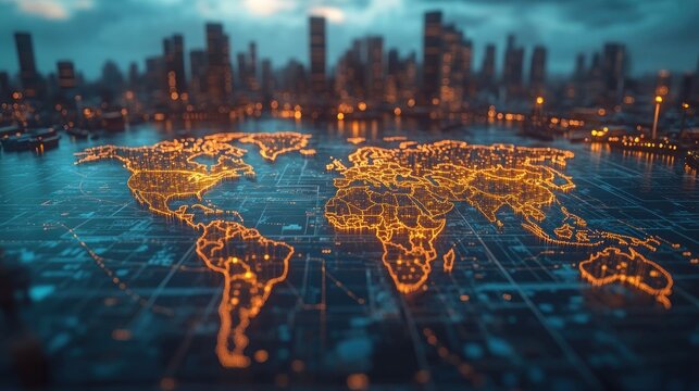 Global network map overlaid on a digital cityscape