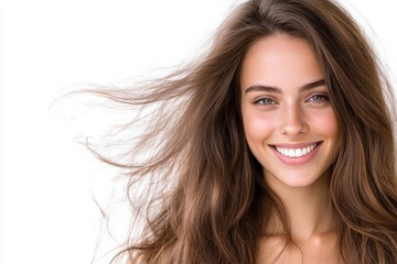 Fototapeta premium A beautiful woman with long brown hair is smiling warmly, exuding joy and positivity, with her hair gently flowing in the breeze Generative AI